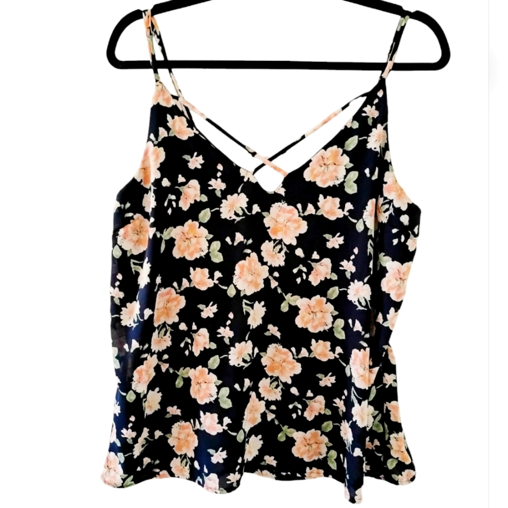 Charlotte Russe Sheer Navy floral blouse tank top size Large